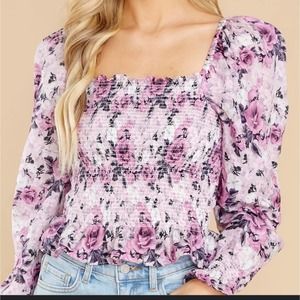 LoveShackFancy Rose Print Long Sleeve Shirred Top Sandy Pink Shores Size Small